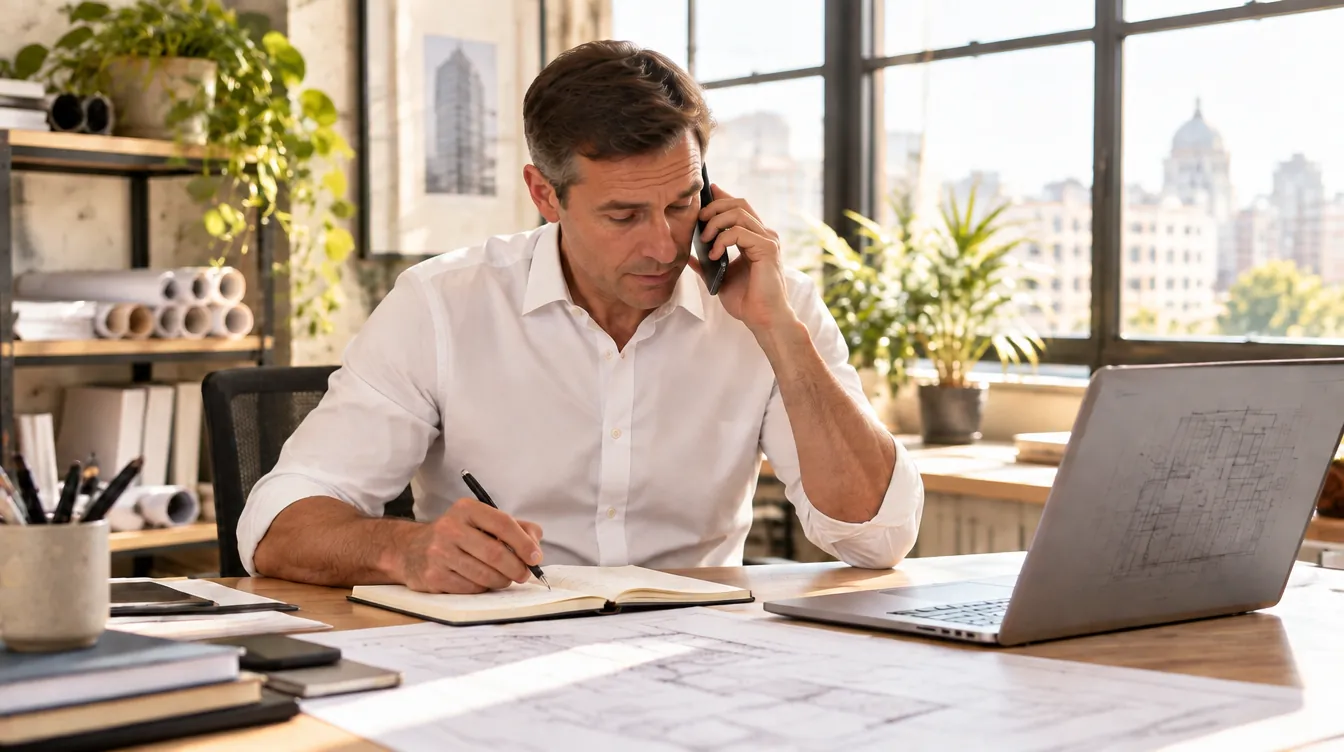 Un Ingeniero de Estudio TREO atiende una consulta por teléfono en su escritorio, con planos y la computadora abierta